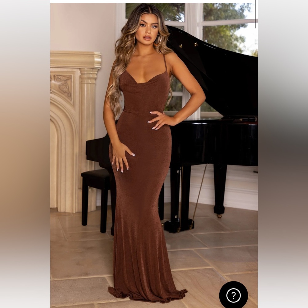 Club London chocolate asymmetric neckline cowl dress